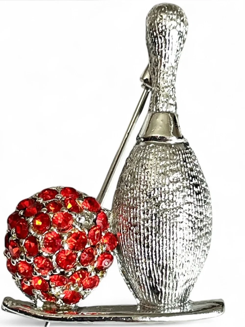 Dodds Vintage Bowling Brooch Pin Red Rhinestone Ball Silver Retro Collectible